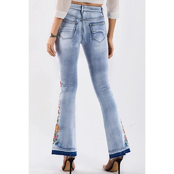Light Wash Floral Embroidered Patch High Waisted Flare Bell Bottom Denim Jeans - Picture 5 of 8